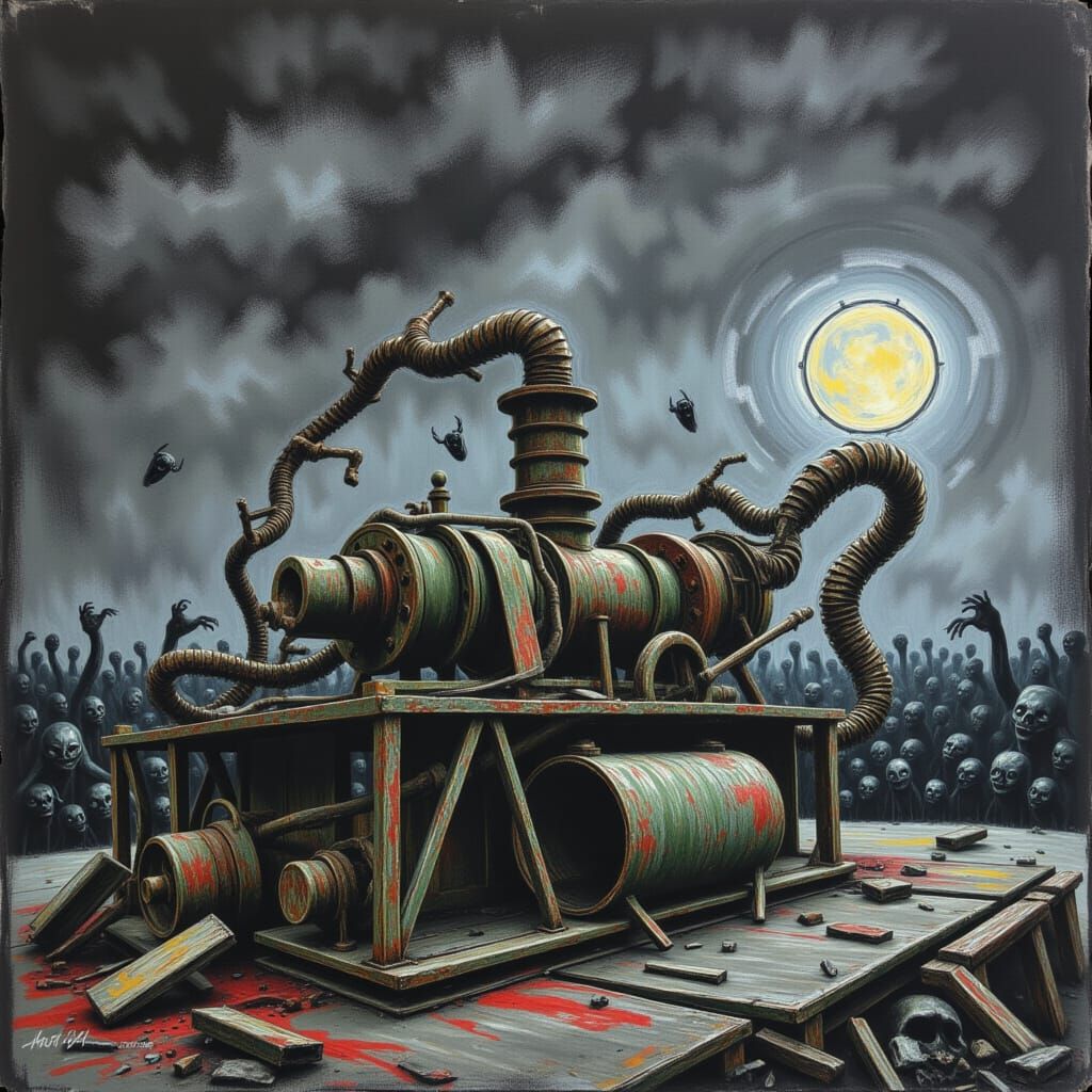 As unnatural creepy text, (Text: "DysTurbd ChaWx") as an eerie Logo, appearing on the side of a rusty train engine. 
:: 
A crude, wide-strok...