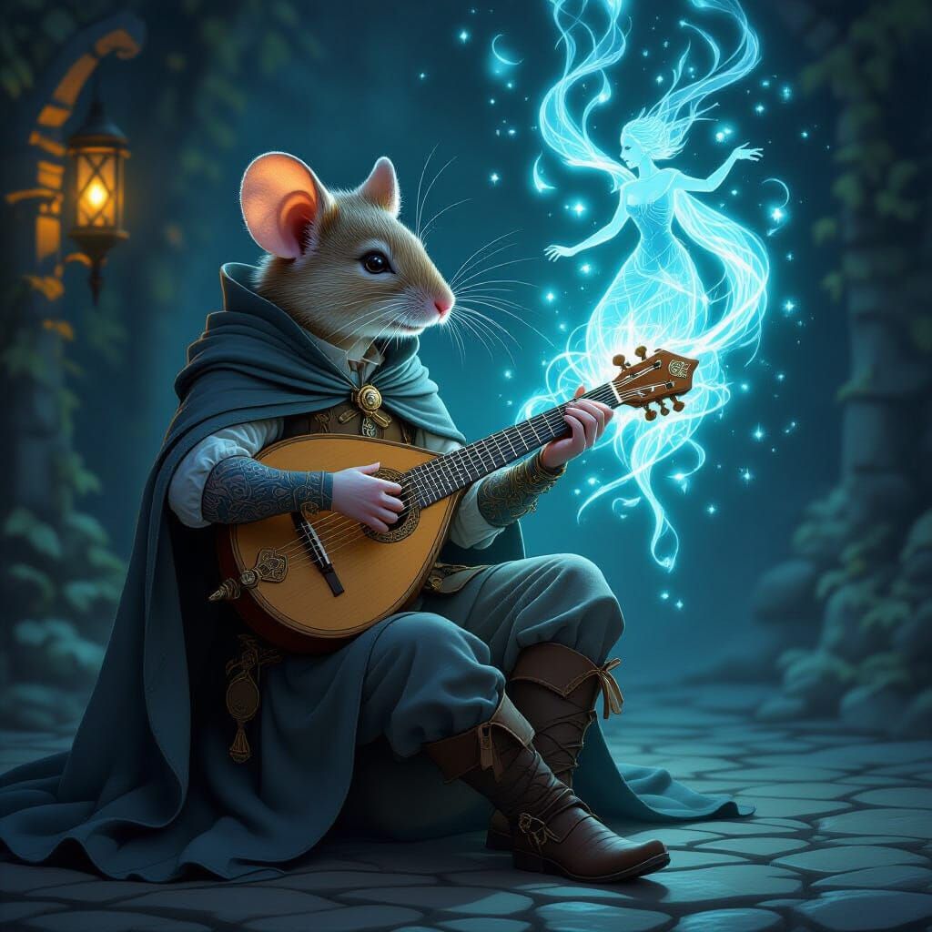 A highly detailed fantasy illustration of an anthropomorphic mouse bard, Finn, sitting in a dimly lit scene, playing a worn lute. From the g...