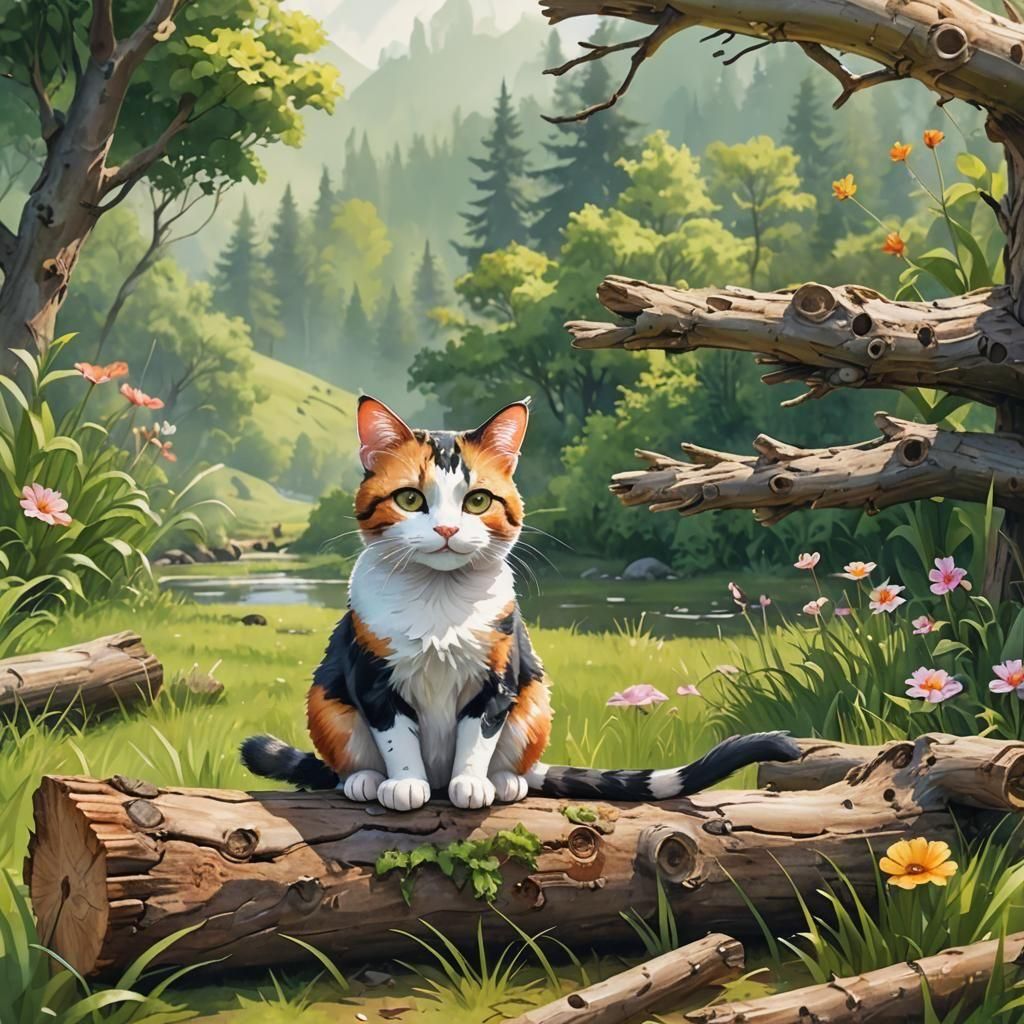Watercolor of a calico cat on a log