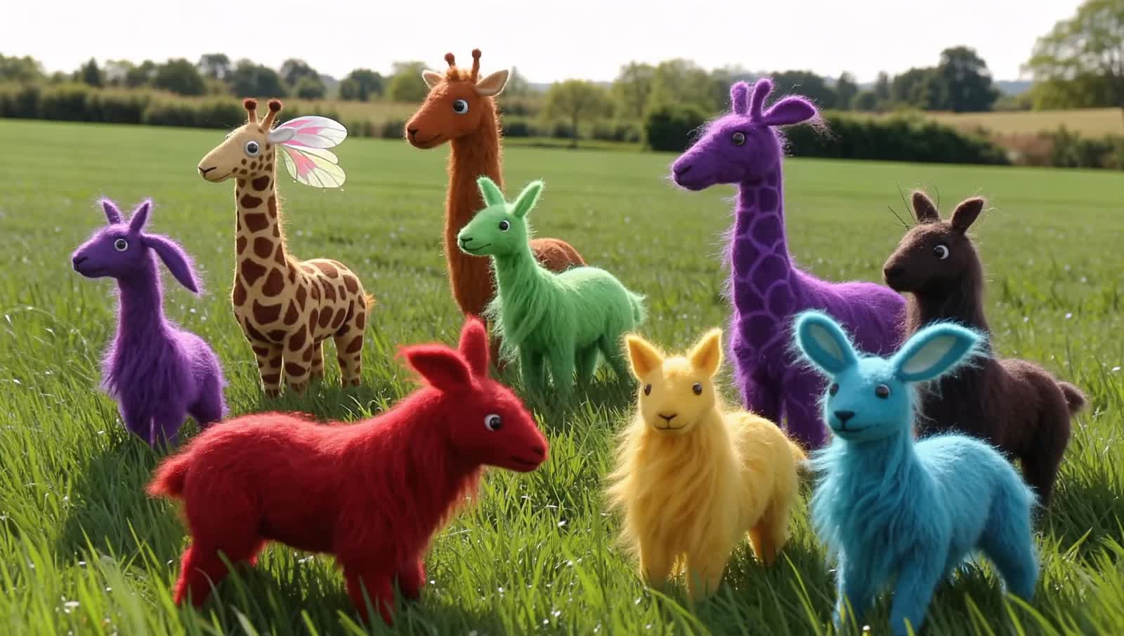 a field with lots of felt animals in it bright colours