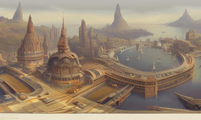 aerial view of a city-island surrounded by three concentric ...