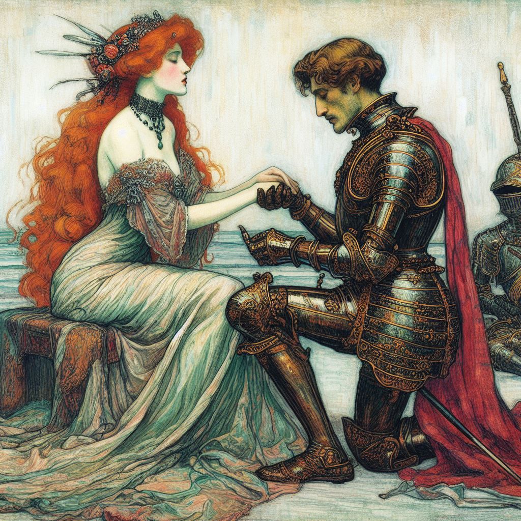 A red haired lady kneeling before a seated knight by egon schiele based on Lamia by John William Waterhouse