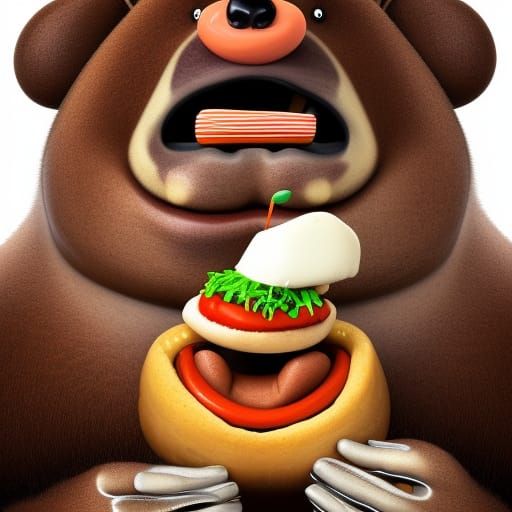 Big Fat looking Bear  eating a Hot Dog in a Ed Roth art styl...