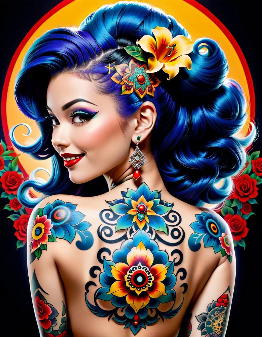 Amoeba girl pinup, A boldly adorned woman with a large, intr...