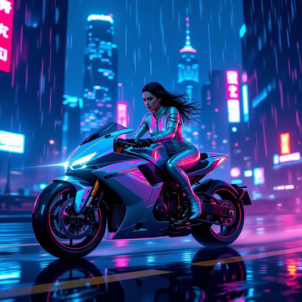 A futuristic biker rides through a neon-lit cyberpunk cityscape at night