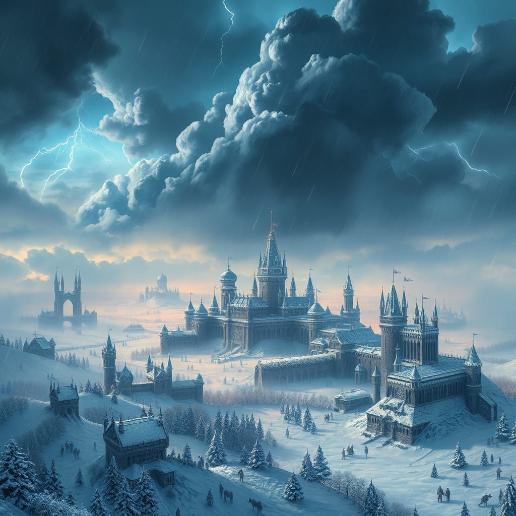 Dark Winter Kingdom Under Thunderstorm's Shadow