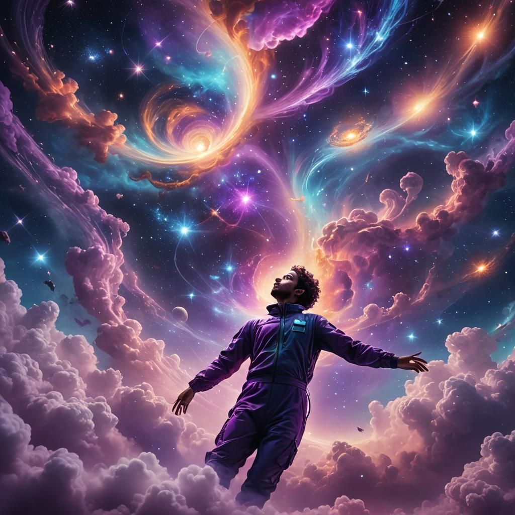 Cosmic Surrealism: Person Floating Among Stars