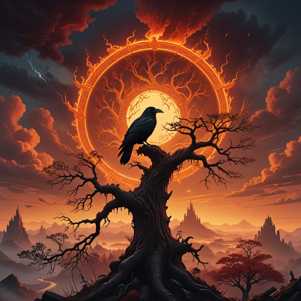Majestic Sacred Crow in a Fantasy Realm