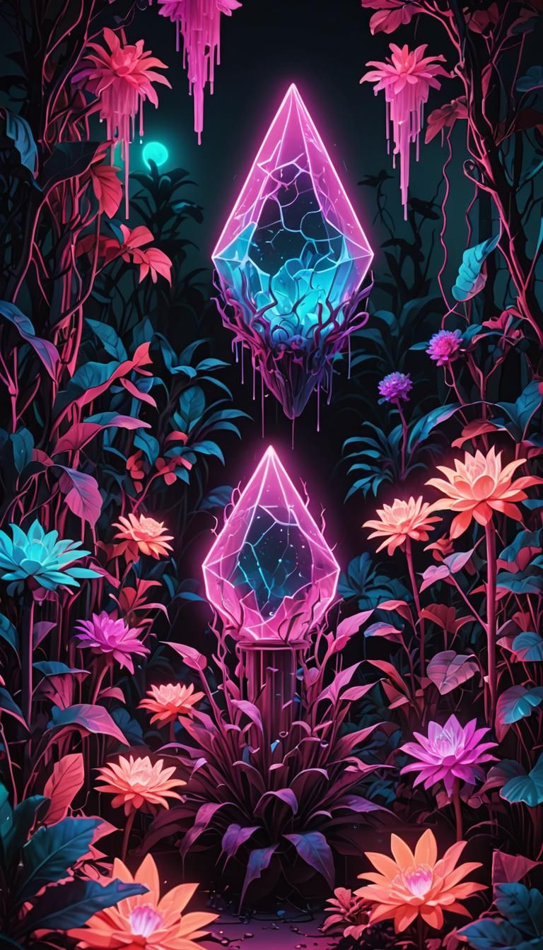 Glowing Neon Horror:  Crystal Hologram Altar Piece
