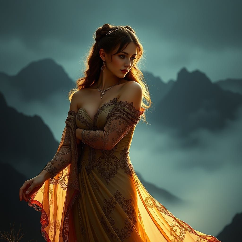 Ethereal Art Nouveau Goddess Against Misty Caucasus Mountain...