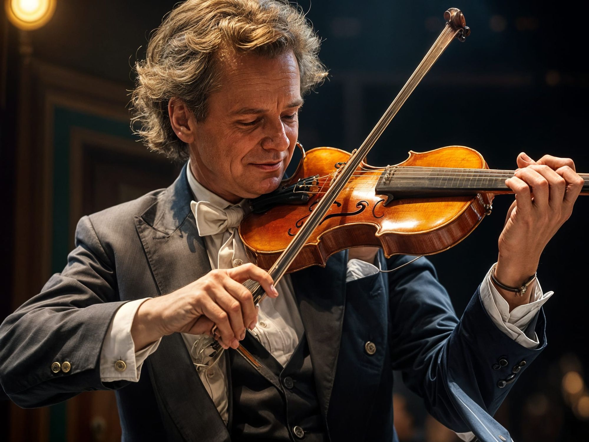 "Andre Rieu performing with his Stradivarius violin in concert, close-up portrait showing all of top half of body in landscape orientation. ...