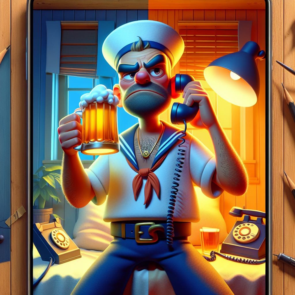 Barnacle Bill the Sailor at home with a beer mug and phone,