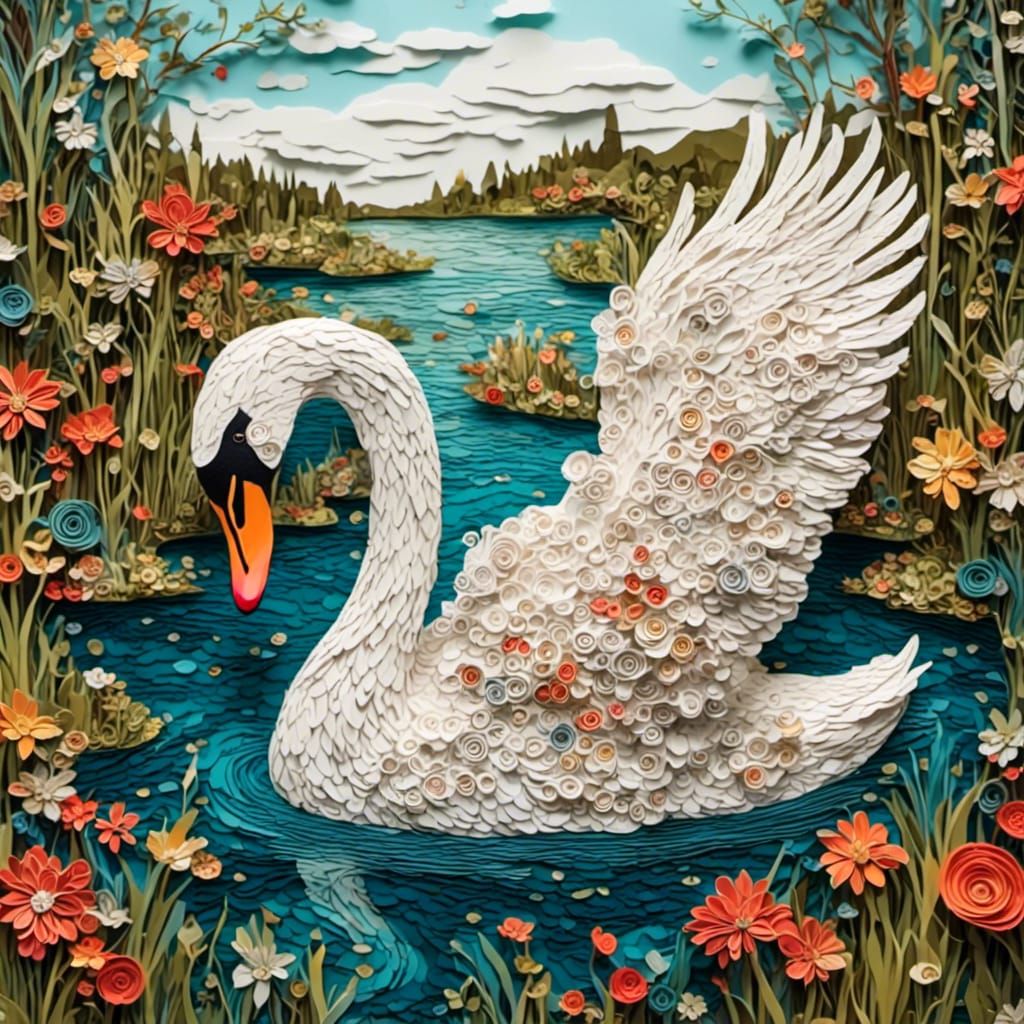 Portrait of a swan in a pond, vibrant colors, intricate and detailed,  <lora:paper:1.0>