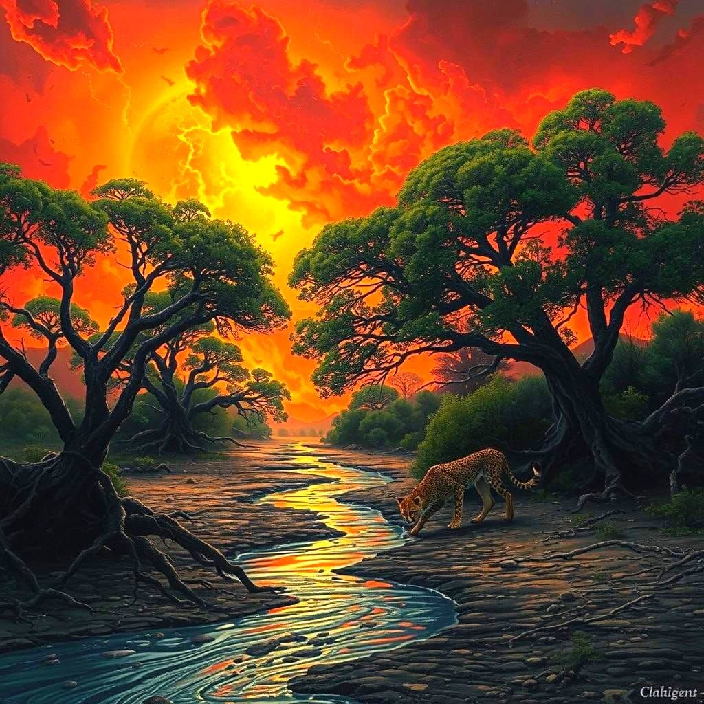 An extremely dark yet fruitful land with beautiful trees on either side of a almost dry riverbed, and ...  by @Dantonio