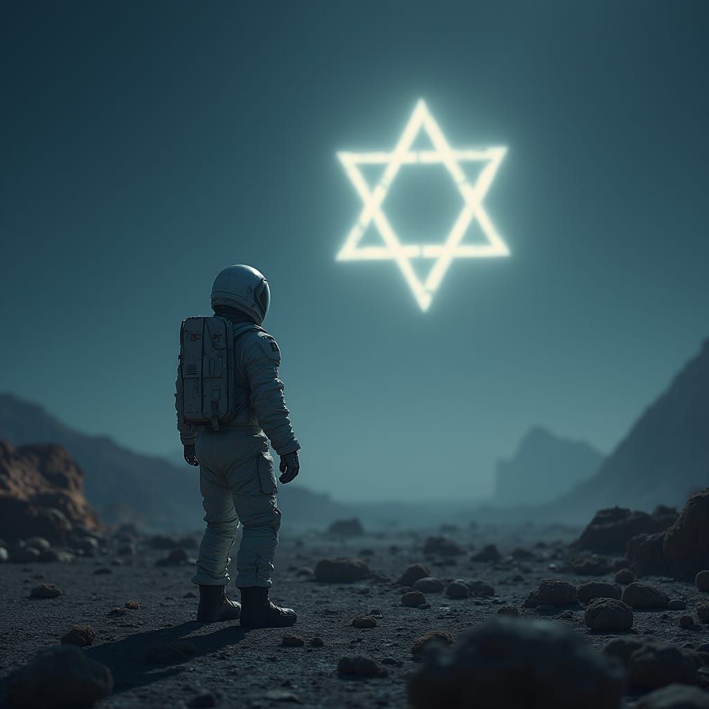 Astronaut Gazing at Star of David on Alien Planet