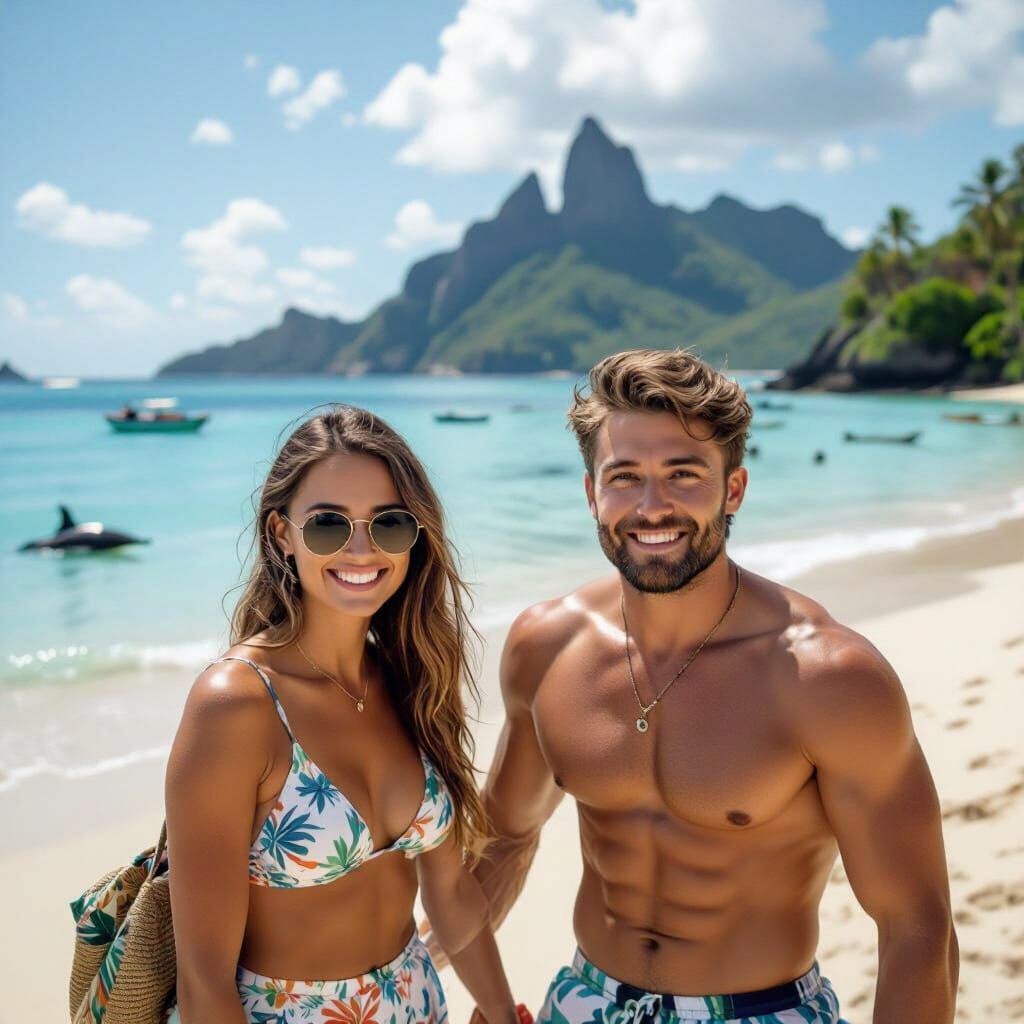 Woman in Paradise with Volcano and Shark