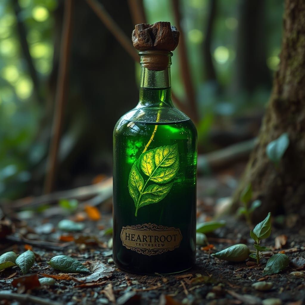 Deep green potion with golden leaf veins, Heartroot Truthbrew, druidic nature magic style, wooden root-carved bottle cap, soft forest light,...