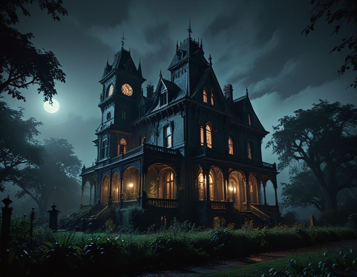 Victorian Mansion at night.