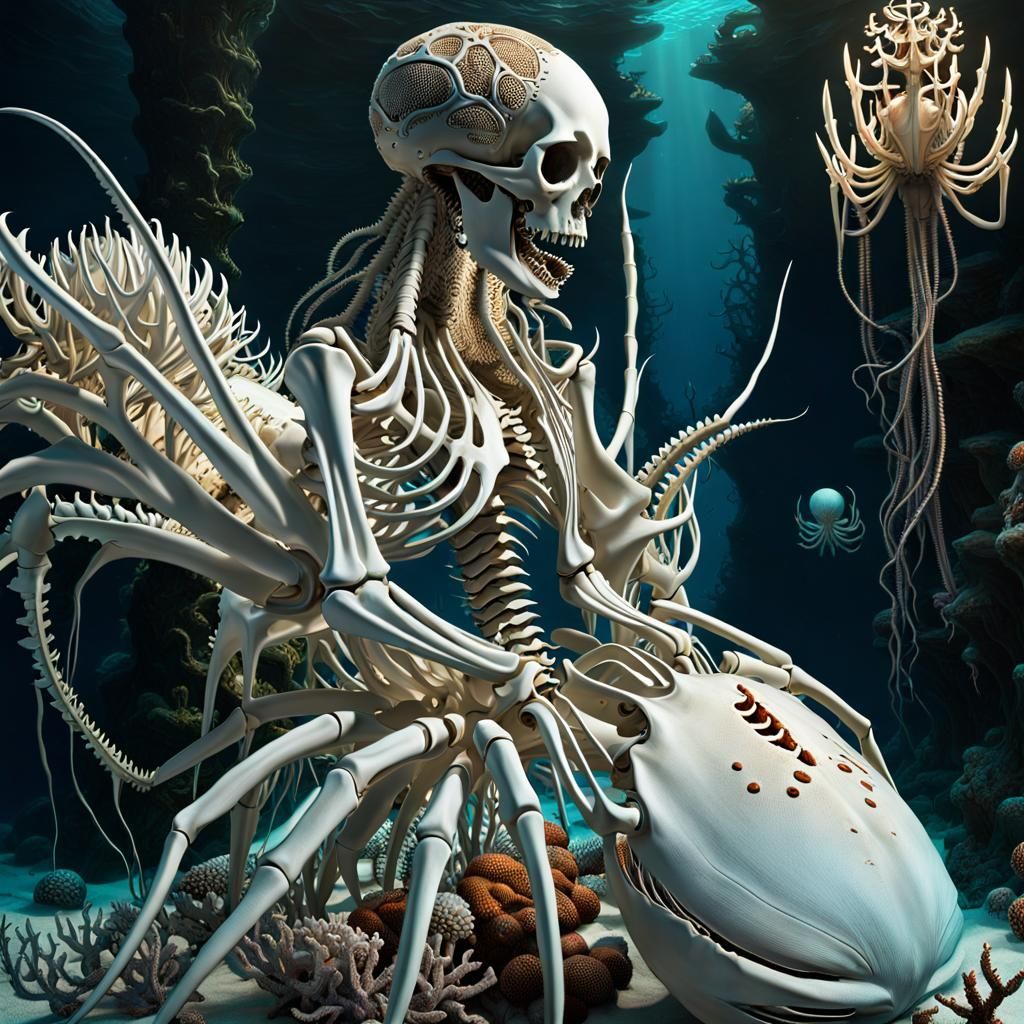 A whale skeleton on the ocean floor, giant spidercrabs insid...