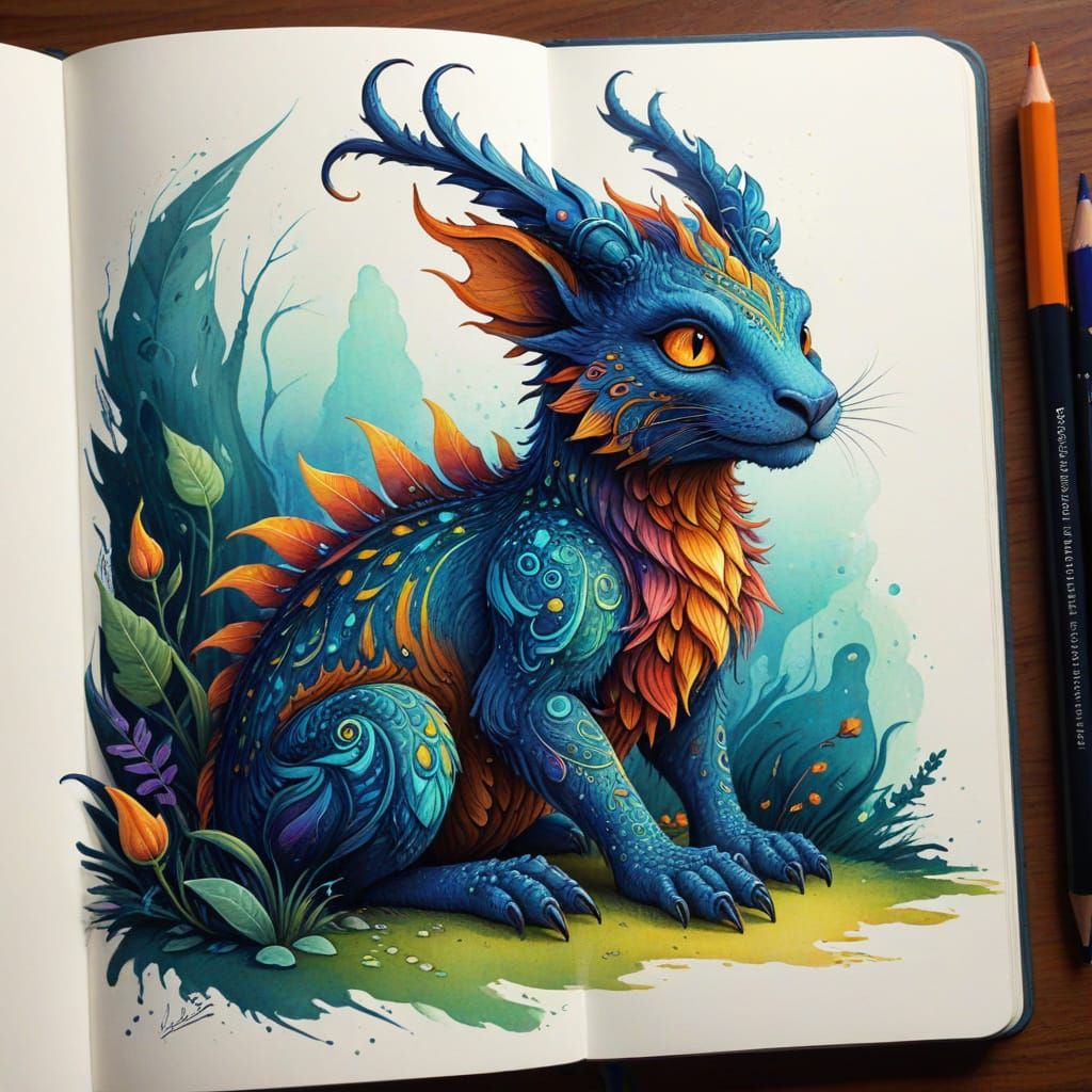 A whimsical, highly detailed sketchbook page featuring a fantastical creature, rendered in a style reminiscent ...  by @Granit9