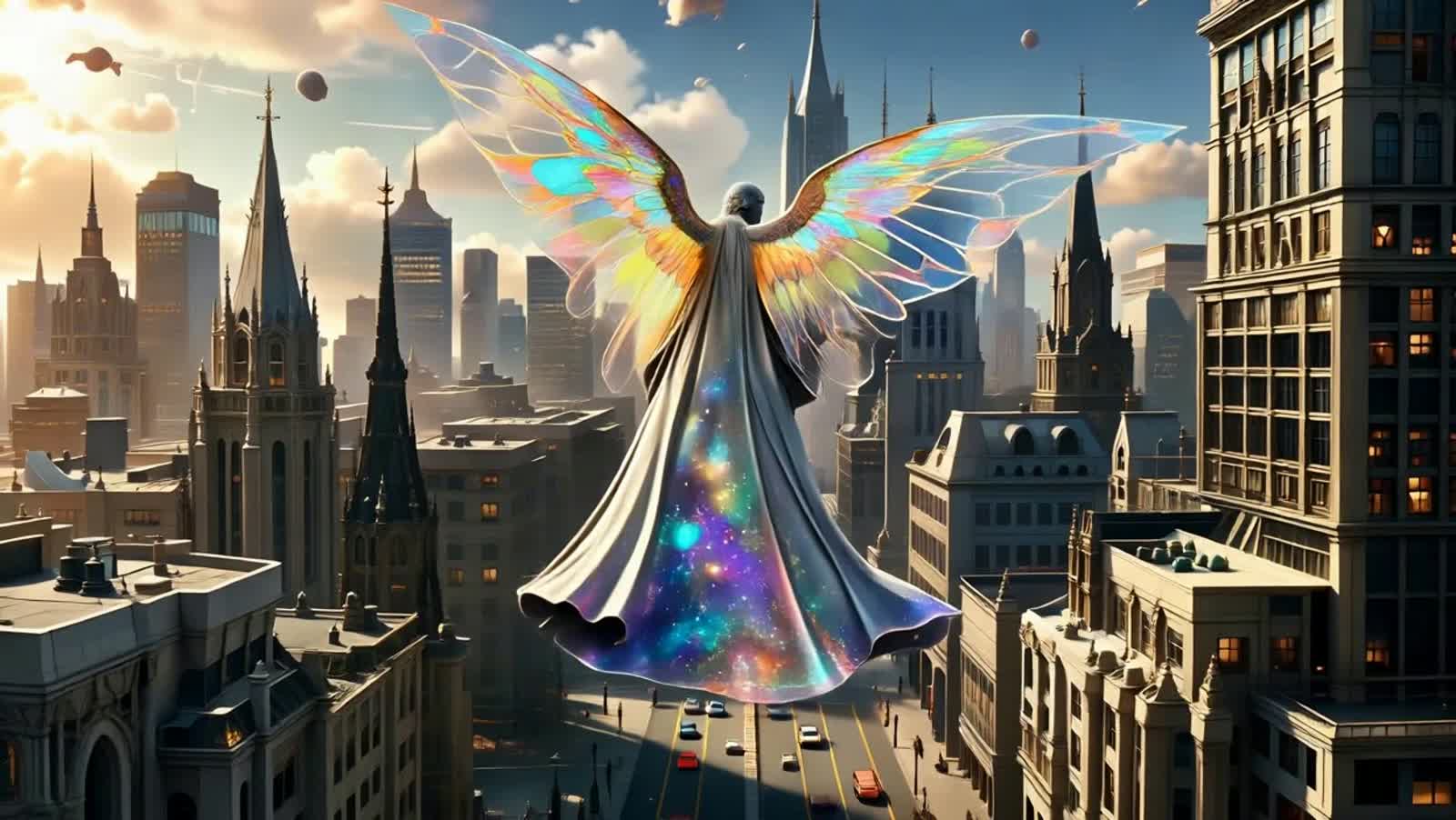 A celestial being, depicted with stained-glass wings and robes of cosmic dust, hovers above a bustling futuristic city. ...