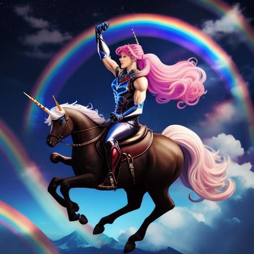 Superhero Rides Unicorn Through Rainbow