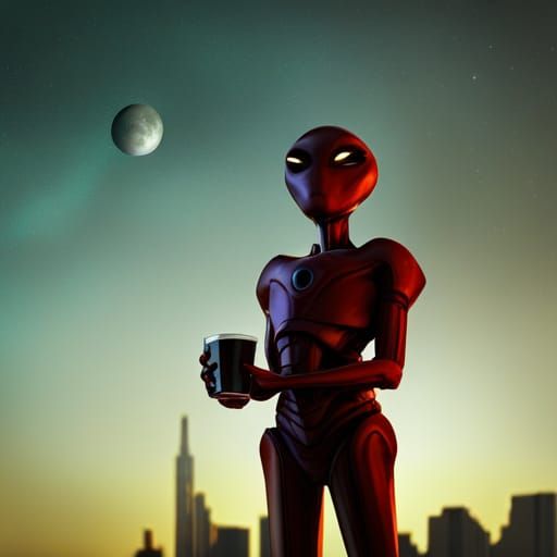 Aliens sip coffee on a rooftop