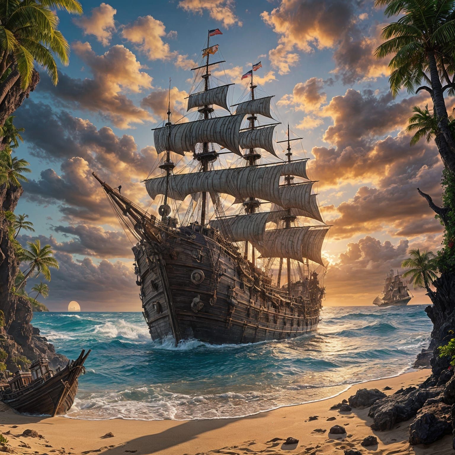 A pirate ghost ship runs aground against the reefs  by @PWC Digital Art