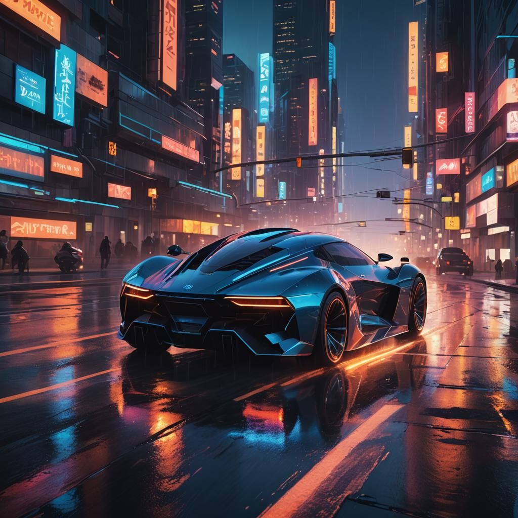 Futuristic Vehicle Speeds Down Neon Highway