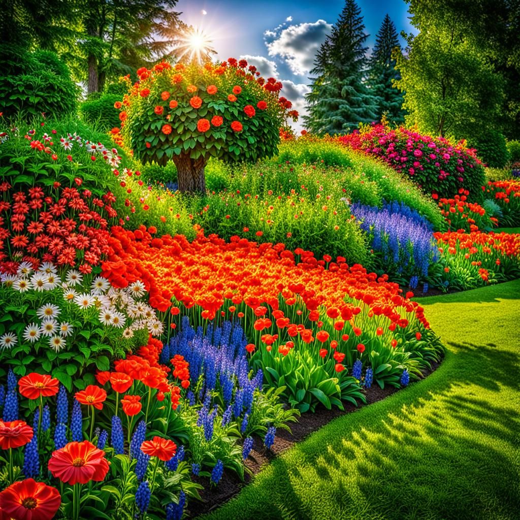 Beautiful flower garden photograph, vibrant colors, high quality, detailed petals, lush greenery, natural lighting, realistic, floral beauty...