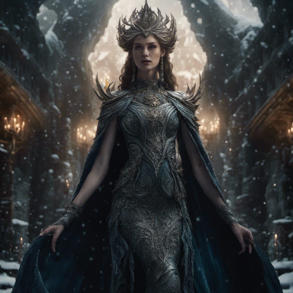 Winter elf queen glowing detailed silk mermaid tail gown Epi...