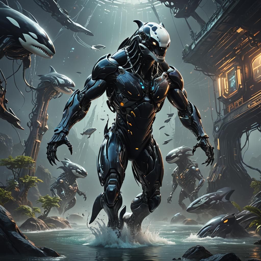A mix beast orca humanoid like alien that uses technology