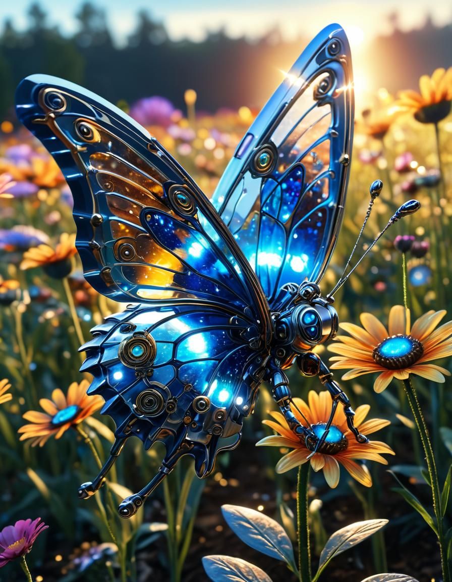 Cyborg butterfly and flowers