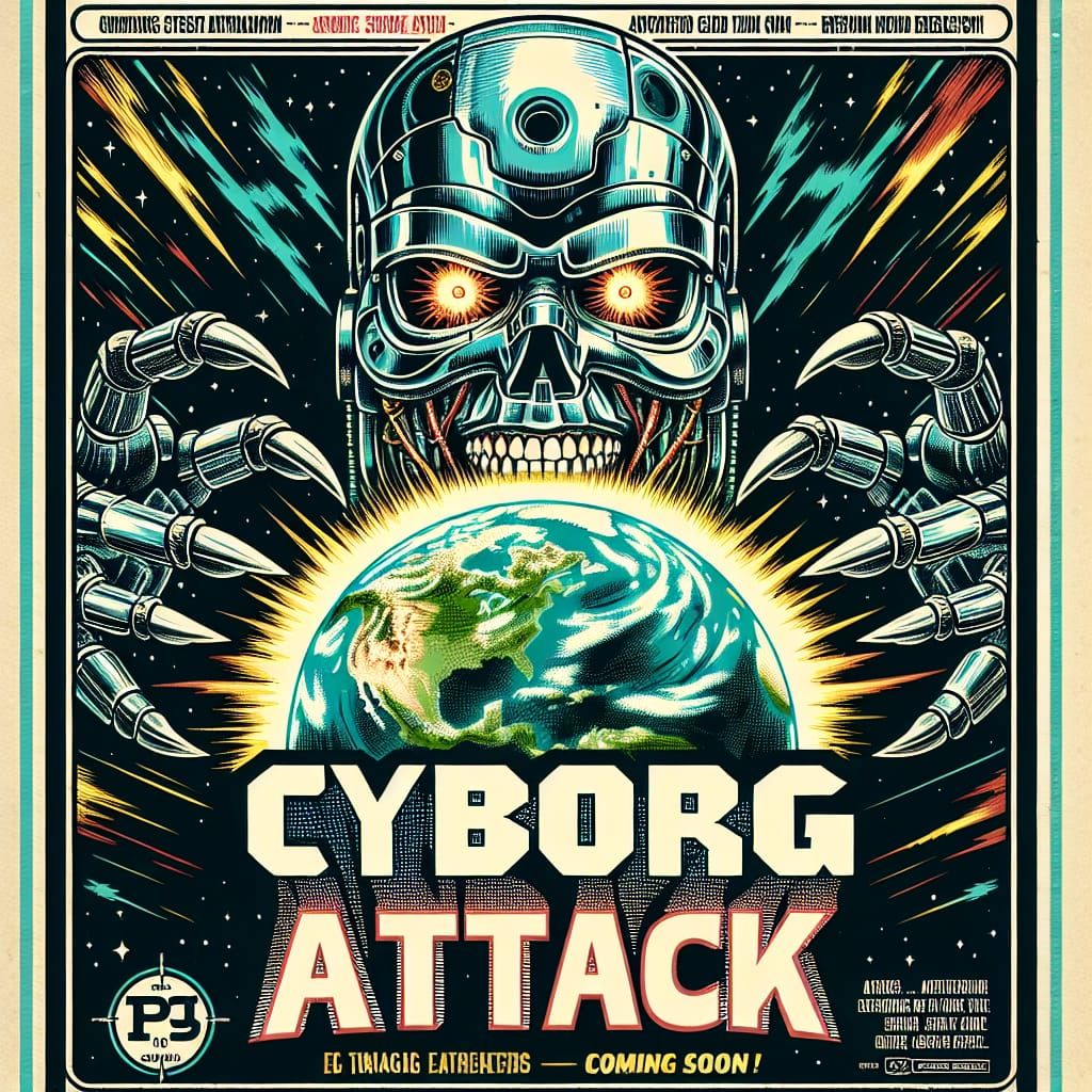 Movie Poster style, cyborg attacks the earth