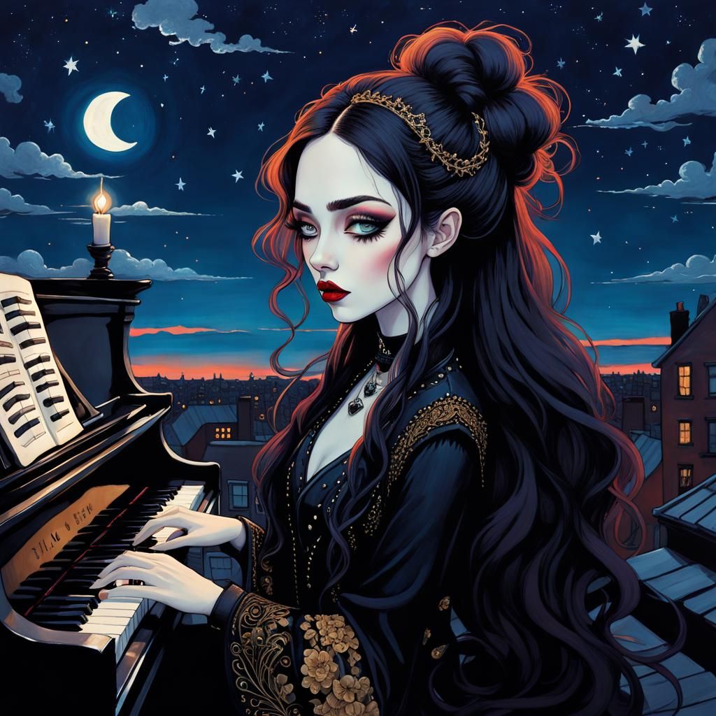 Rooftop Piano Girl in Psychedelic Pop Surrealism Style