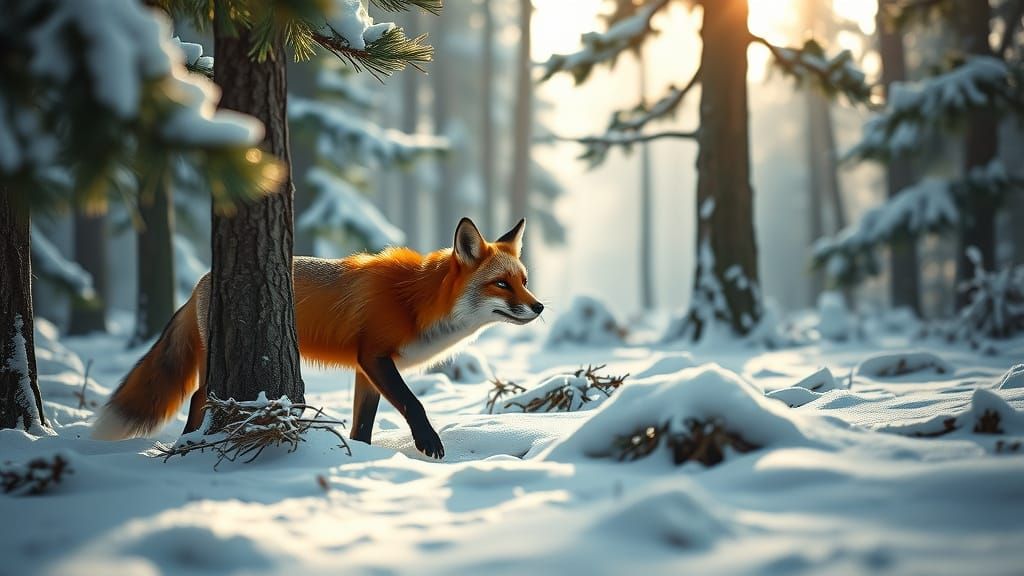 Photorealistic Fox in Snowy Forest Clearing