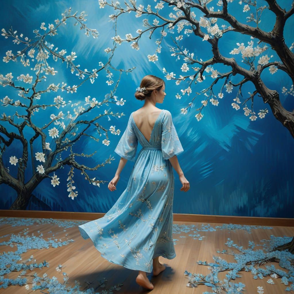 Immersive Almond Blossom Art in Van Gogh Style