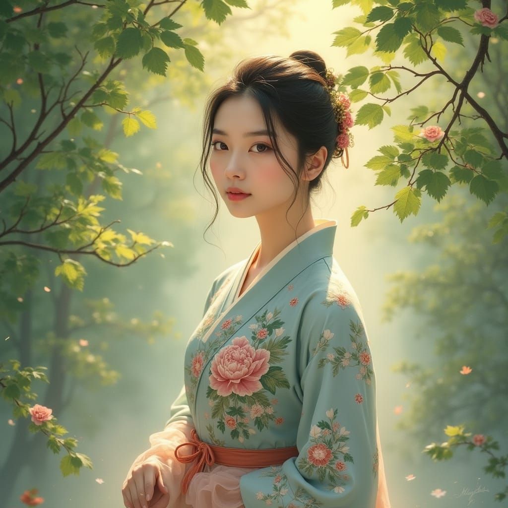 Elegant Korean Hanbok Portrait in Folk Art Style