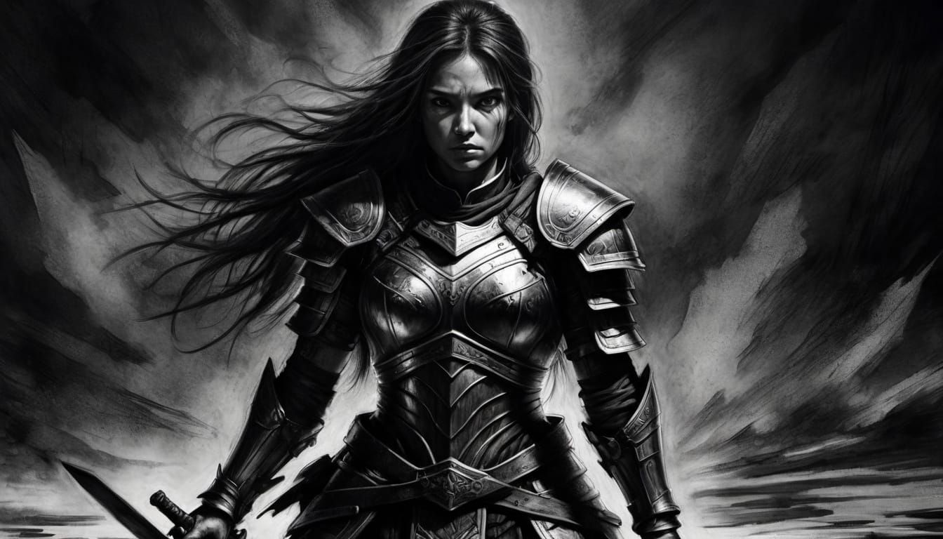 female warrior lost in battle a realistic hyper-detailed charcoal drawing.