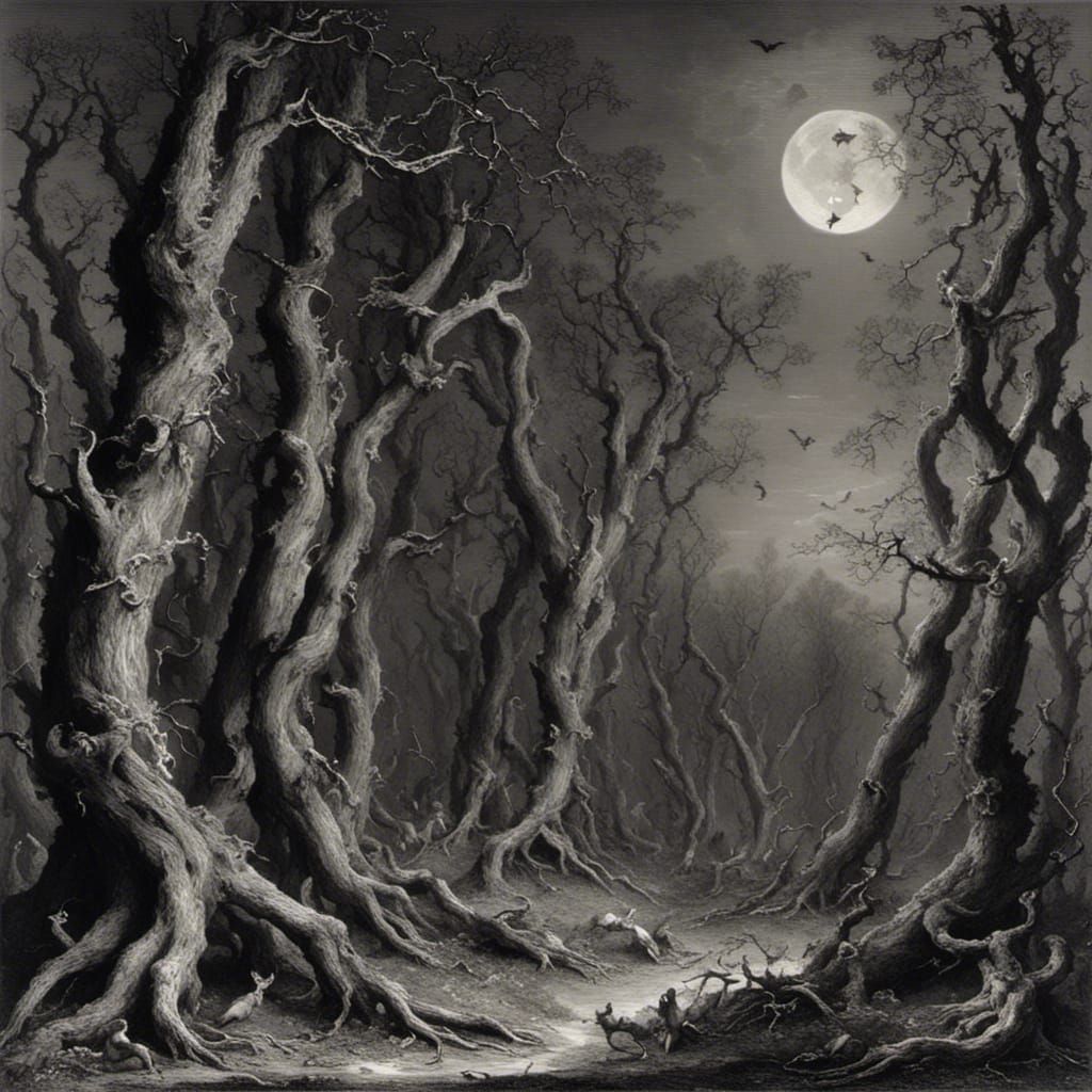 dead trees trunks in dancing, sinuous shapes in a moonlit woodland with ...