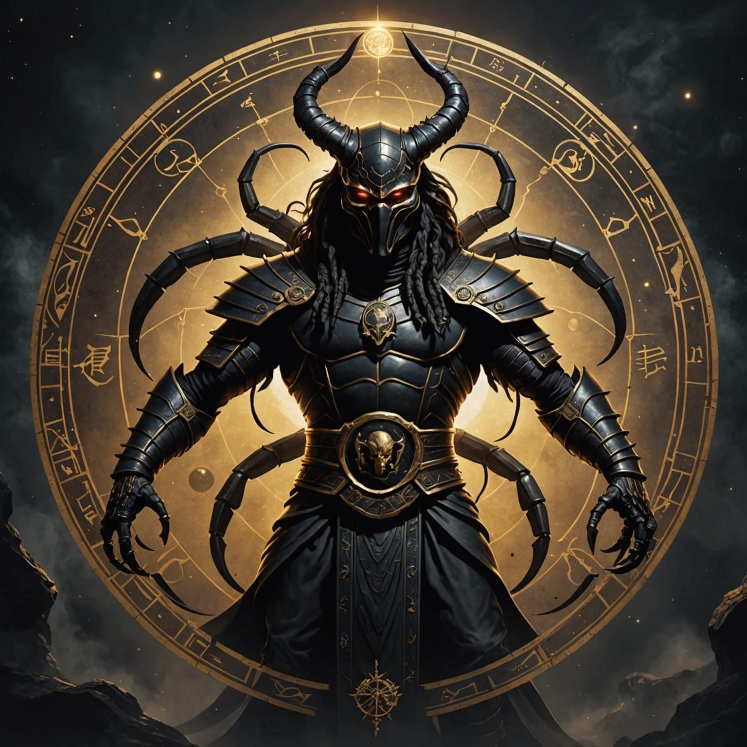 a dark scorpion horoscope portrayed as a demi god