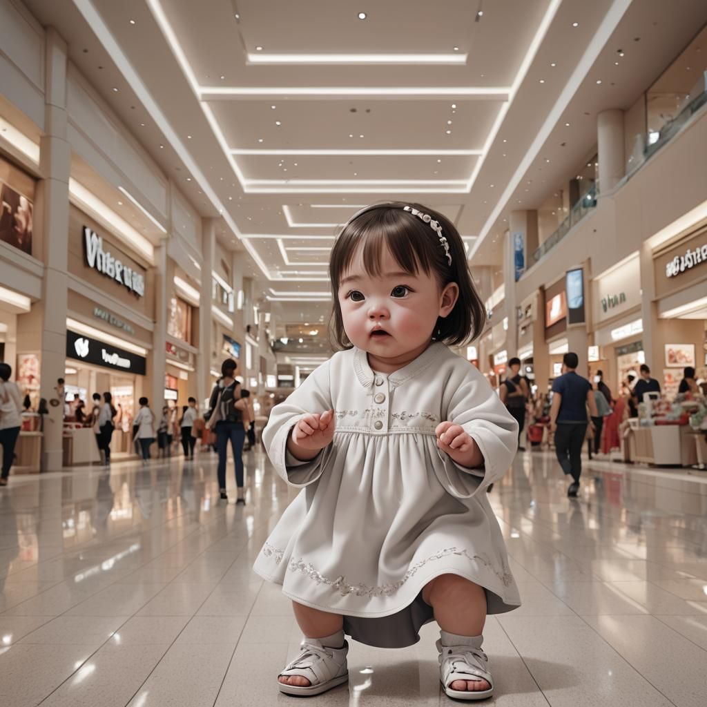 Baby with down syndrome in a mall with her mom