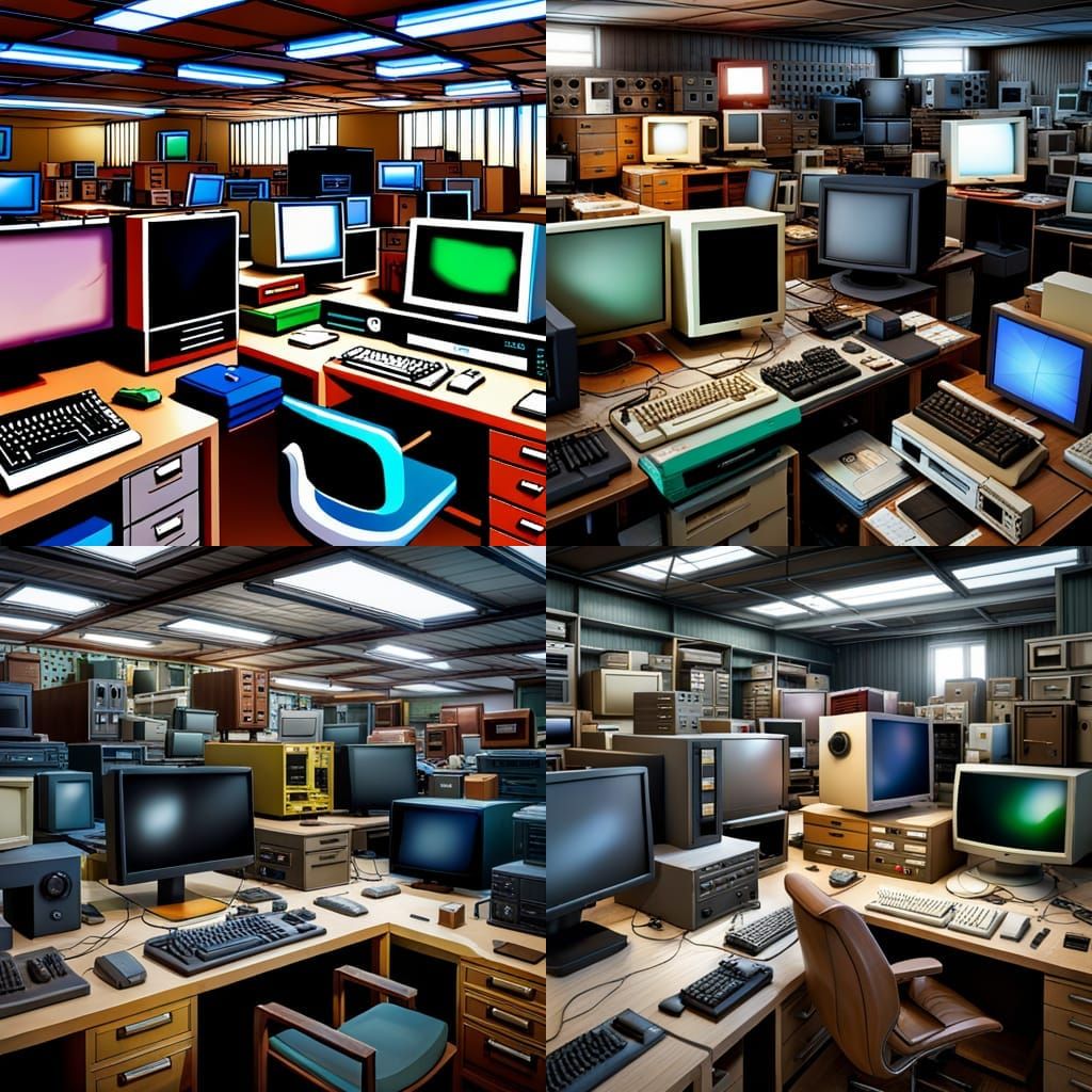 Junkyard of various dumped computers, Commodore 64, Amiga, Atari, Windows, Apple Mac, PC monitors