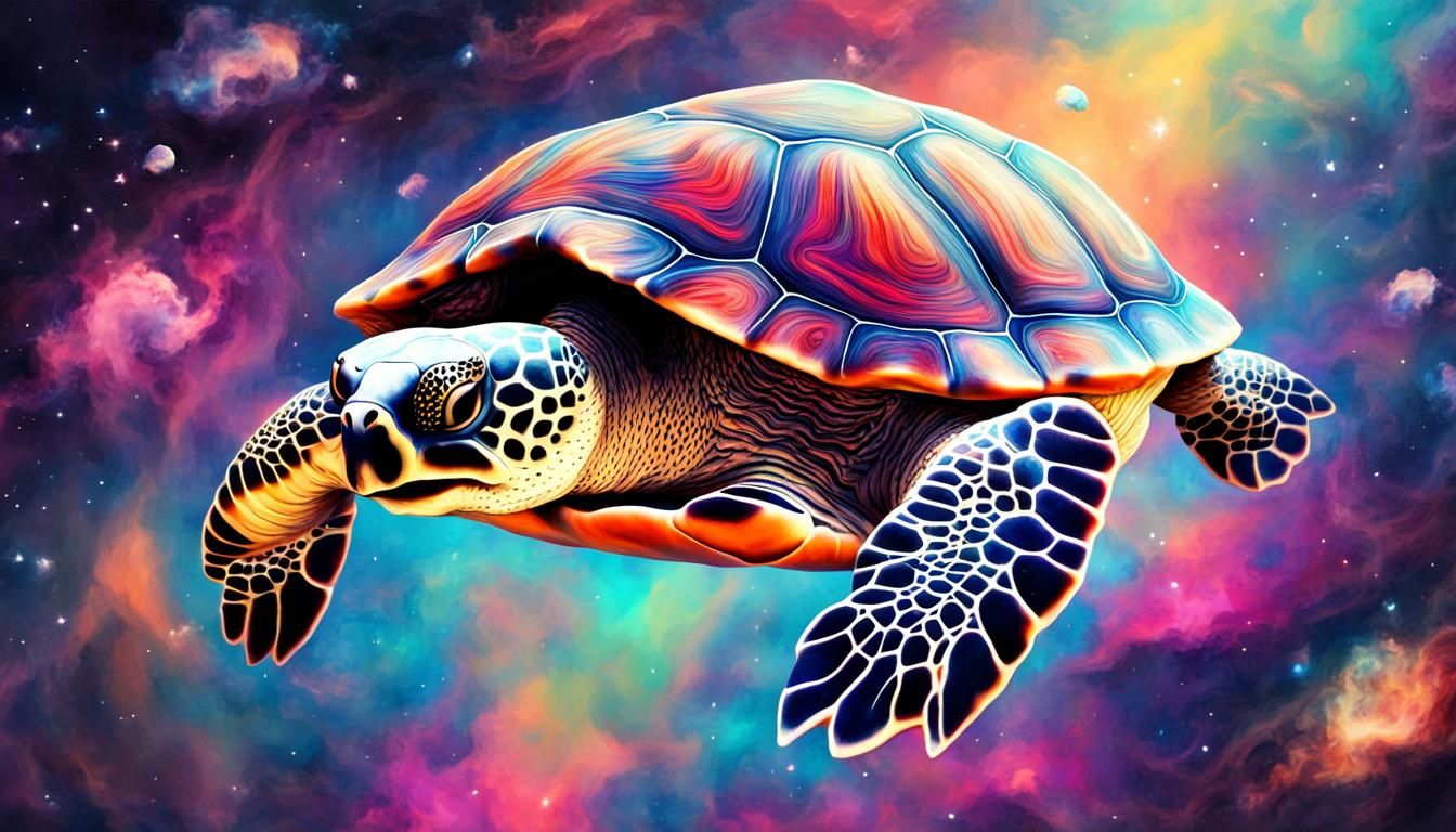 Turtle floating through space trippy colors