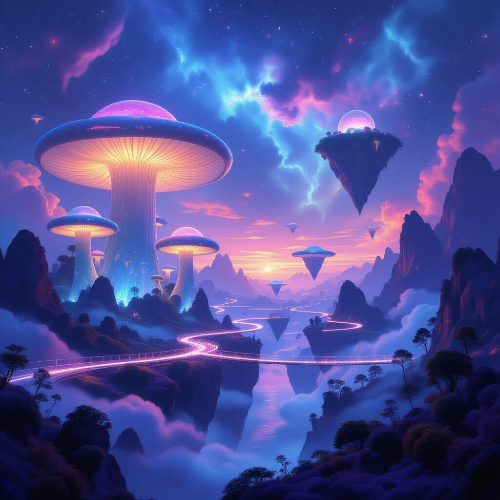 Surreal Glowing Mushroom Landscape with Floating Islands