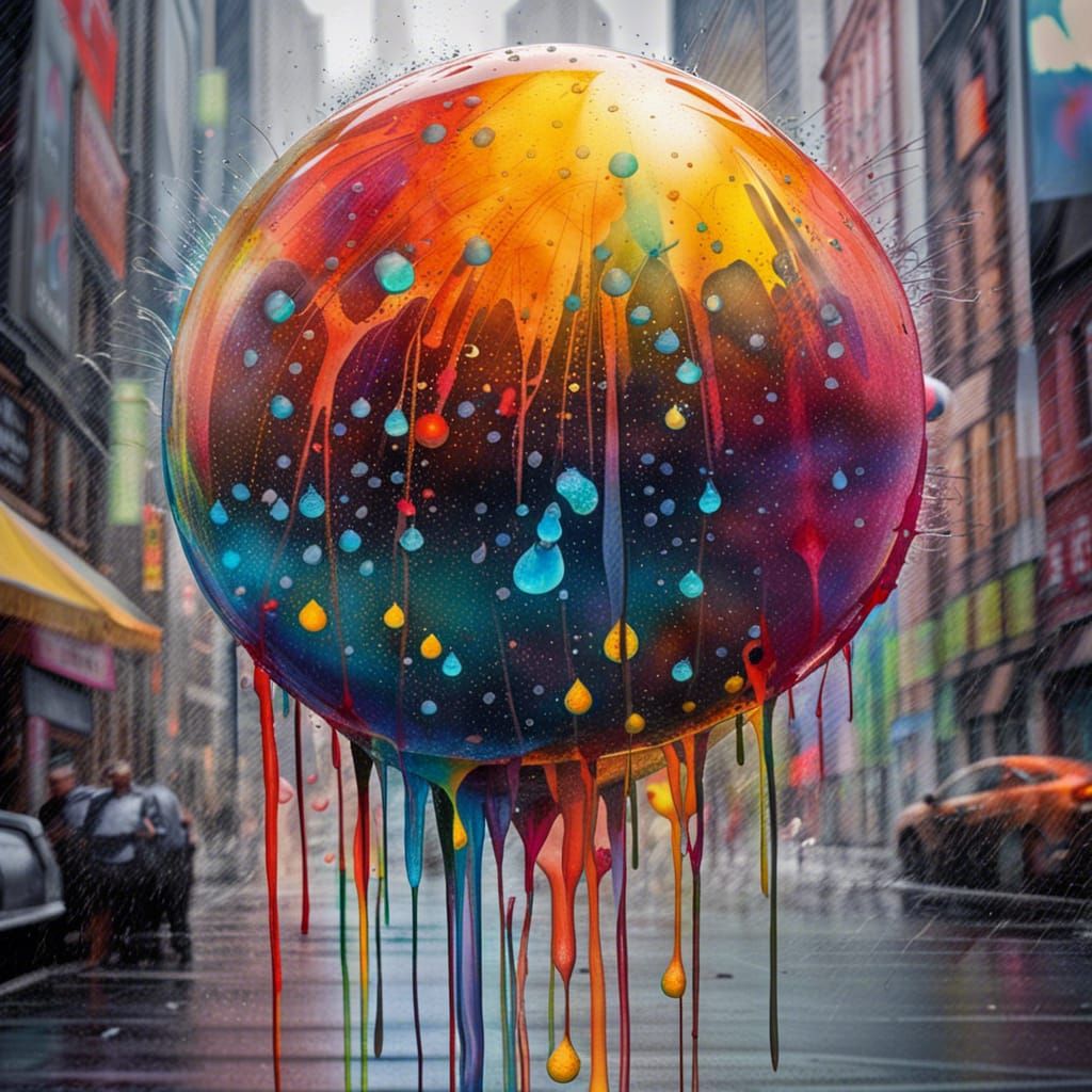 Intensified raindrops splattering into a translucent crystal...