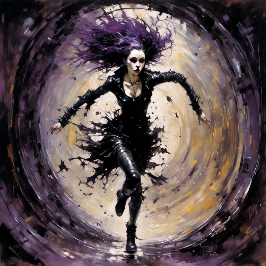 <lora:Chiaroscuro:1.0> <lora:Goth Punk Girl:1.0> liquid ink illustration of a goth punk girl running from darkness in a ...
