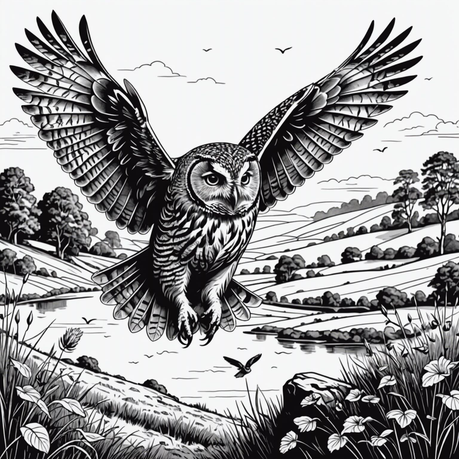 Line Art image of an owl in flight .   by @Northview