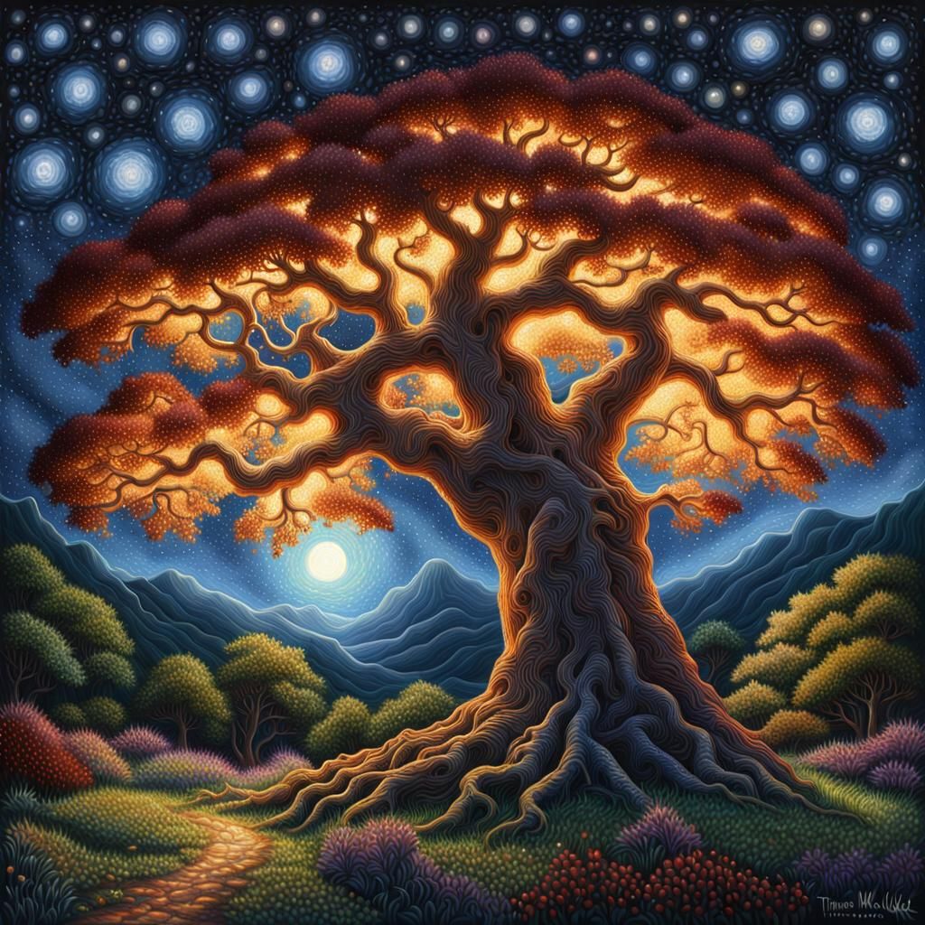 Pointillist Tree at Night with Glowing Light