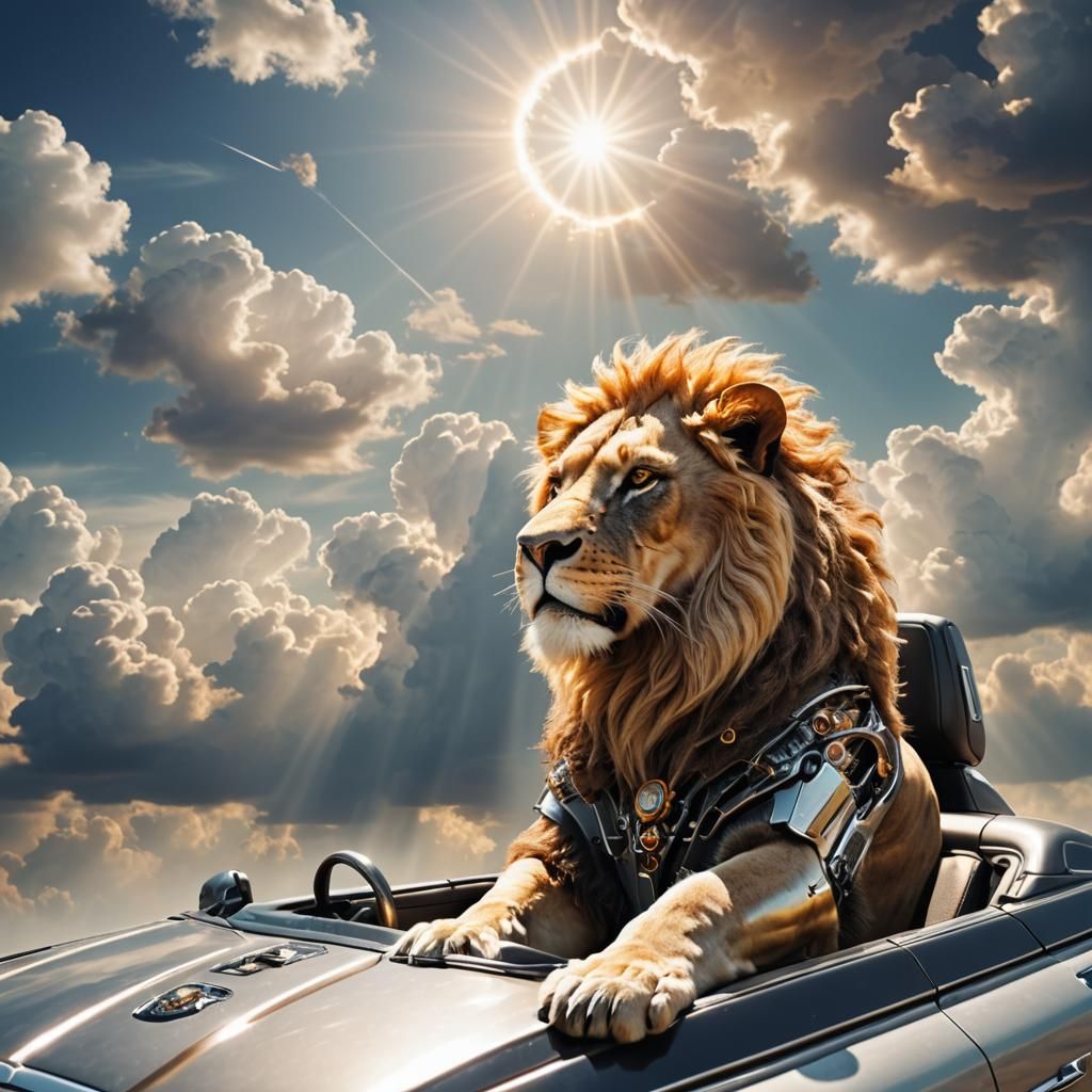 Cyborg lion in convertible space car